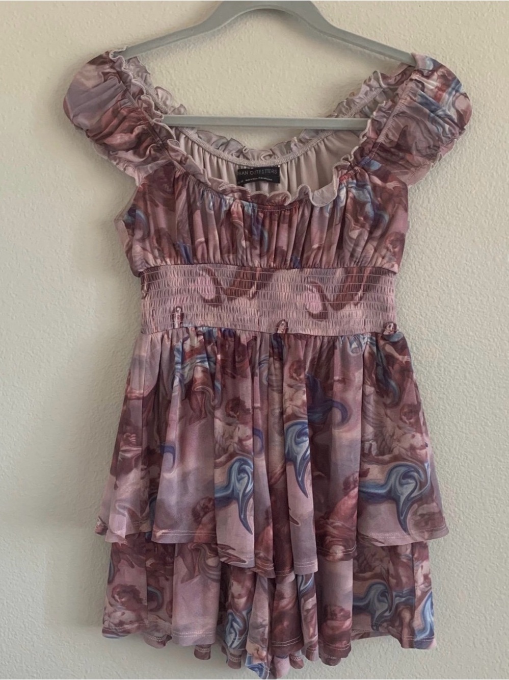 Urban Outfitters Pink Marble-Print Ruffle Tiered Dress